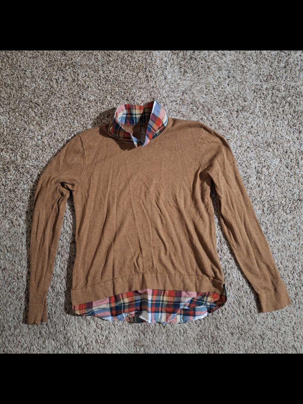 J.Crew Factory Plaid Woven-Collar Layered Preppy Pullover Sweater - Size S